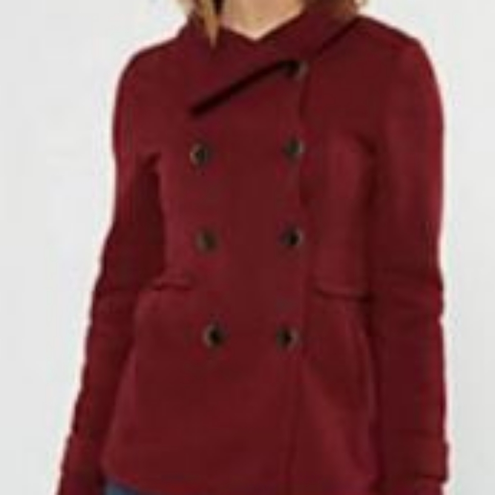 This is a coat from rue 21 it is burgundy and is a size large .